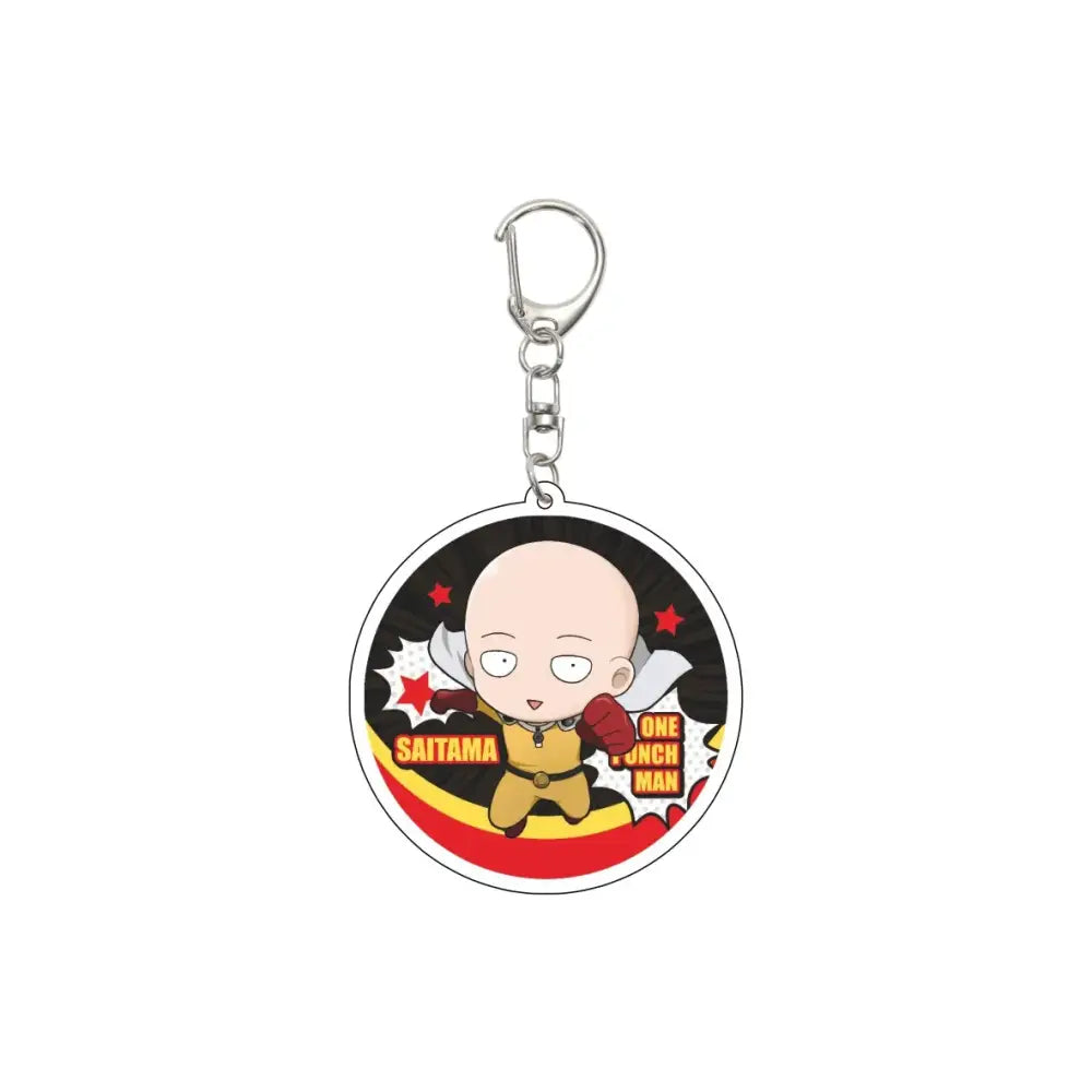 Circular acrylic keychain featuring saitama from one punch man in dynamic pose with red and yellow accents on black background 55mm model plate