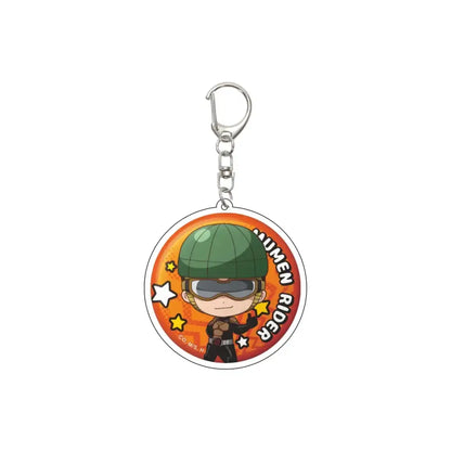 Circular acrylic keychain featuring a chibi punch man character with green helmet on orange 55mm model plate background