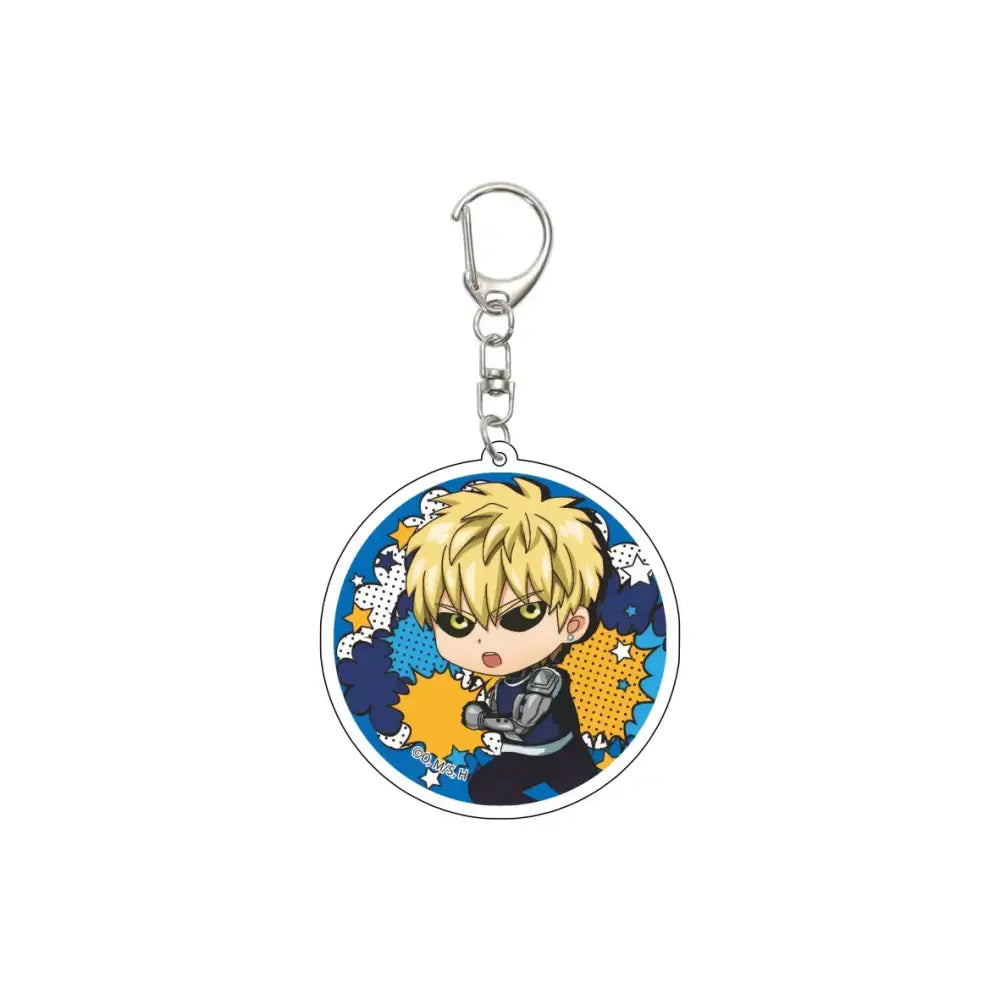 Acrylic keychain featuring chibi punch man saitama with spiky blonde hair on a 55mm model plate blue background