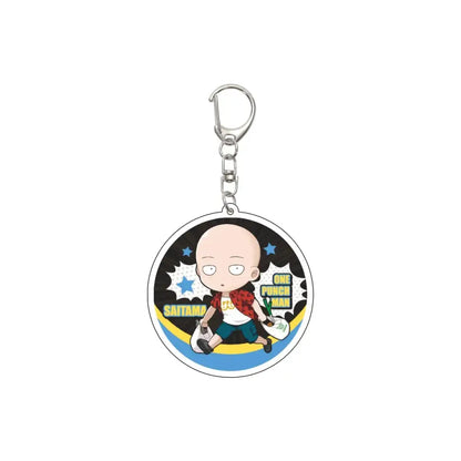 Circular 55mm model plate acrylic keychain featuring saitama from one punch man in red jacket with blue stars background