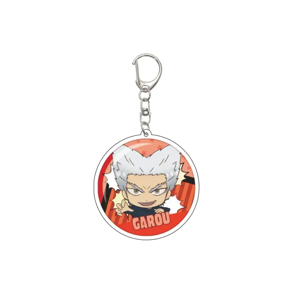 Circular acrylic keychain featuring chibi garou with white hair on orange background 55mm model plate punch man