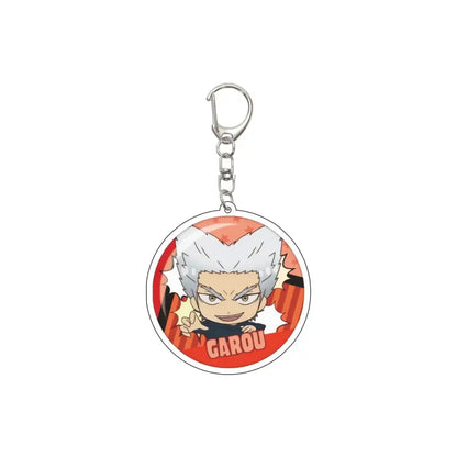 Circular acrylic keychain featuring chibi garou with white hair on orange background 55mm model plate punch man