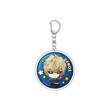Blue circular acrylic keychain featuring chibi genos from punch man with starry background 55mm model plate
