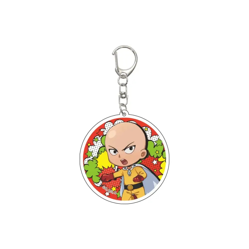 A circular 55mm model plate acrylic keychain featuring punch man saitama in a yellow suit with a vibrant leaf background