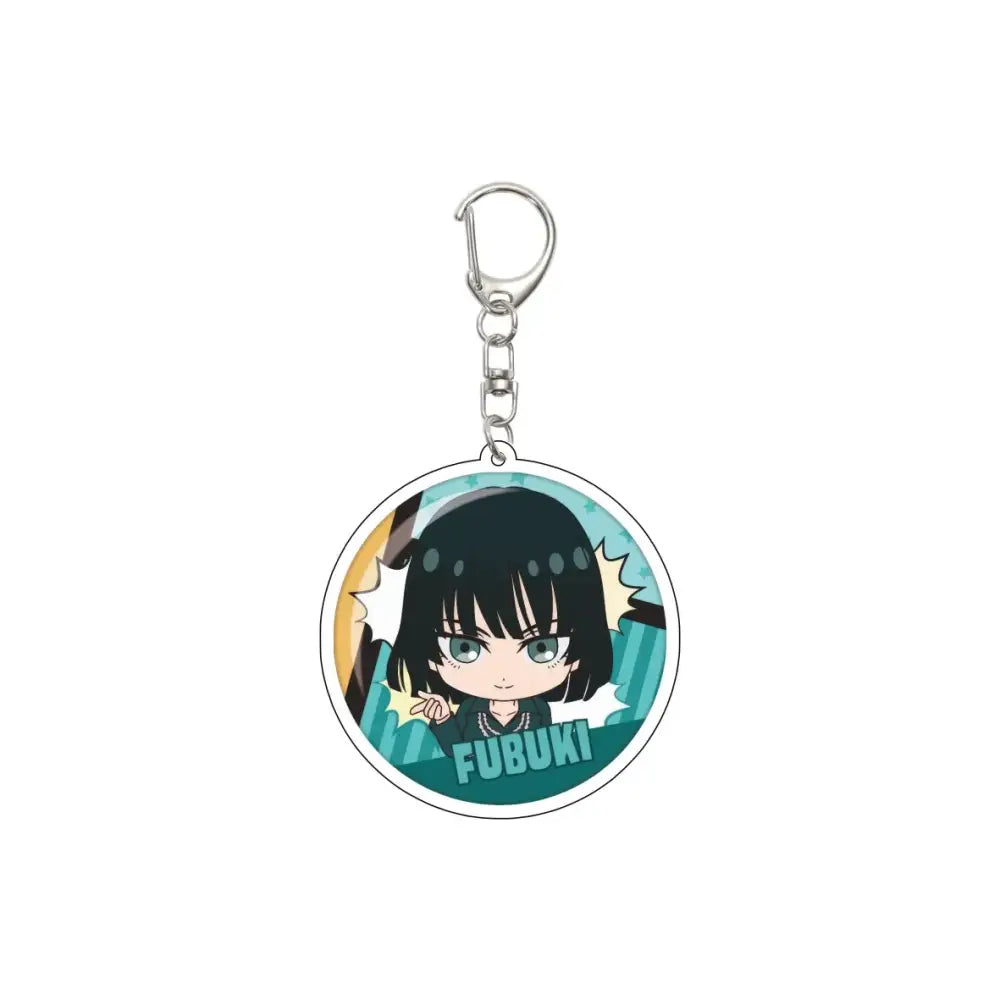 Circular acrylic keychain featuring chibi-style Saitama from one punch man with teal eyes on a 55mm model plate