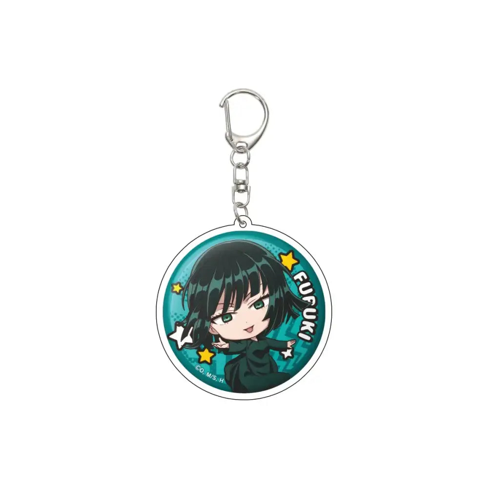 Circular 55mm model plate acrylic keychain featuring chibi black hair green eyed saitama from punch man on teal background