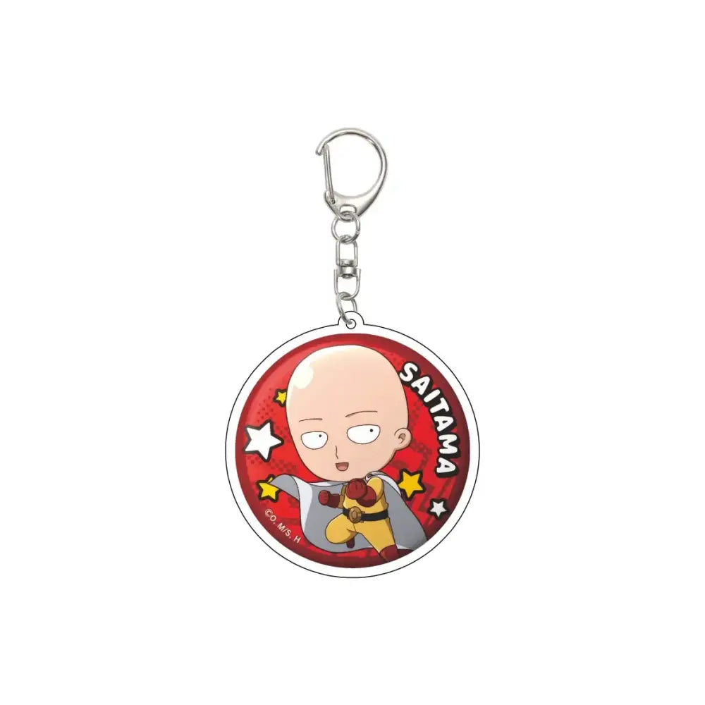 Red circular acrylic keychain featuring saitama from one punch man in yellow suit with gray cape 55mm model plate