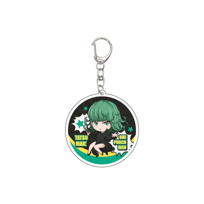 Circular acrylic keychain featuring chibi tatsu makk from one punch man with green hair on 55mm model plate