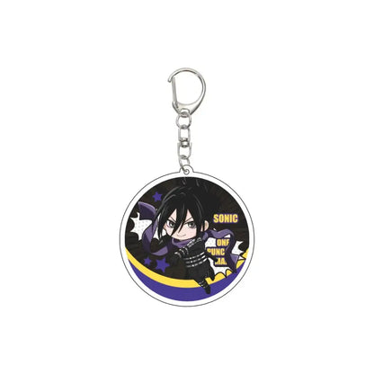 Circular acrylic keychain featuring chibi punch man with black hair and purple cape on 55mm model plate design