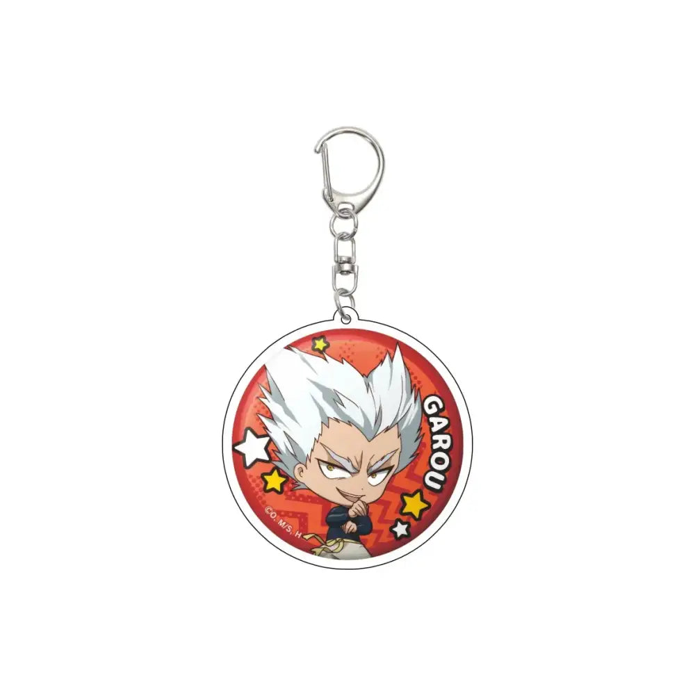 Red circular acrylic keychain featuring punch man chibi with spiky white hair on a 55mm model plate red background
