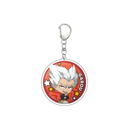 Red circular acrylic keychain featuring punch man chibi with spiky white hair on a 55mm model plate red background