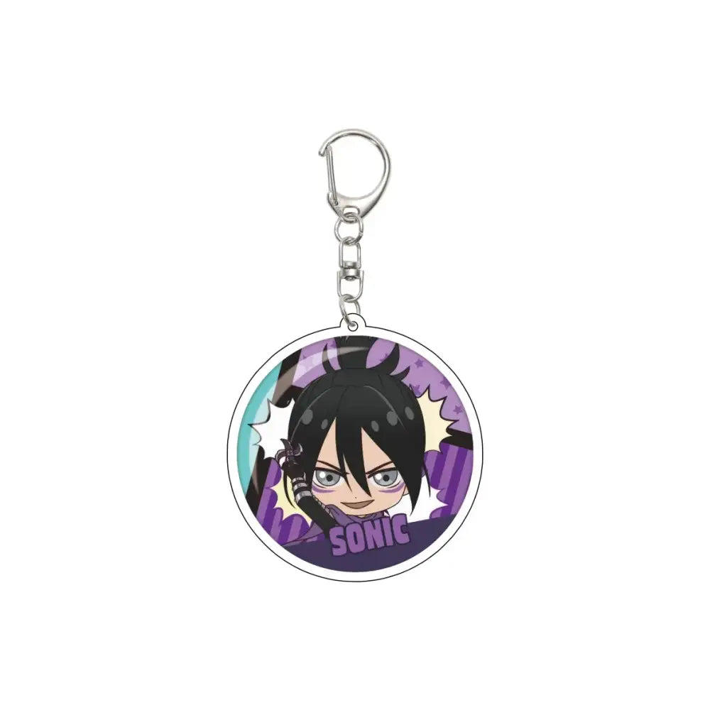 Purple and black circular acrylic keychain featuring chibi-style sonic with bold purple lettering on a 55mm model plate