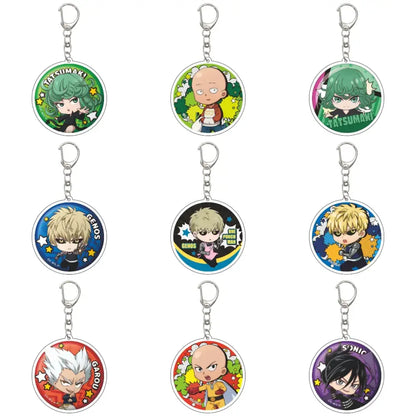 Set of nine chibi style one punch man acrylic keychains with unique designs and 55mm model plate size