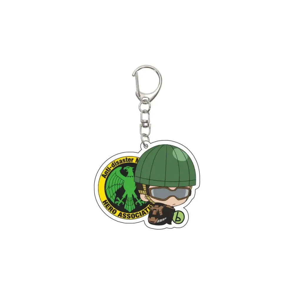Green helmeted chibi punch man saitama acrylic keychain with silver clasp and 55mm plate metal chain
