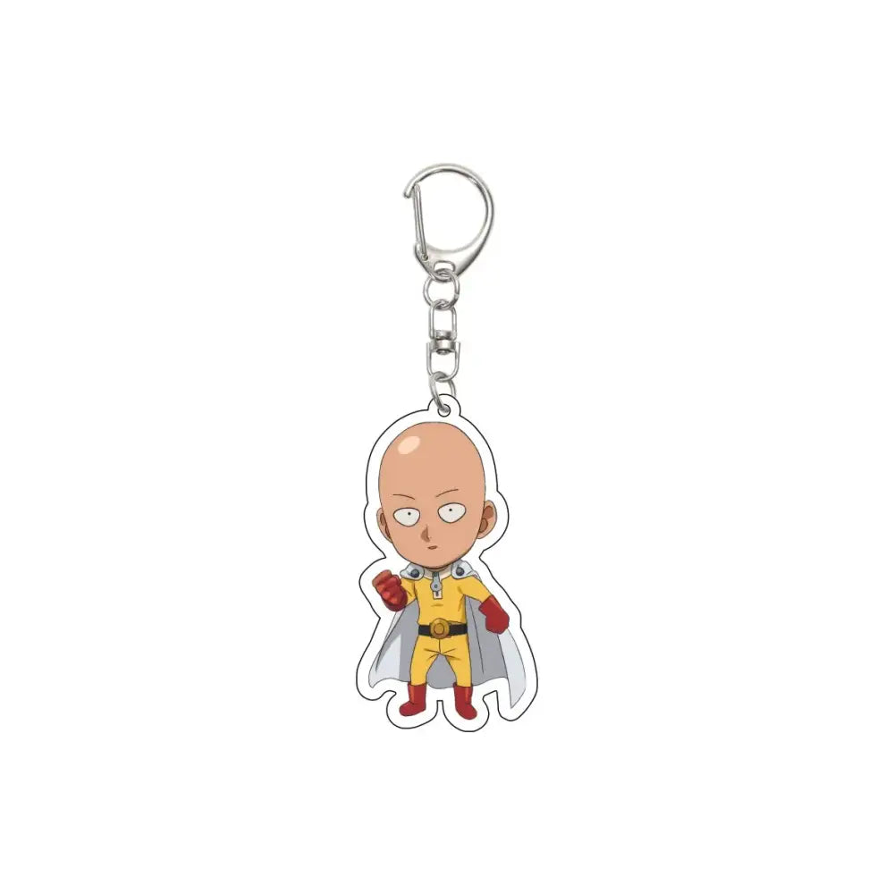 A clear acrylic one punch man saitama keychain featuring the character in his yellow suit on a 55mm plate
