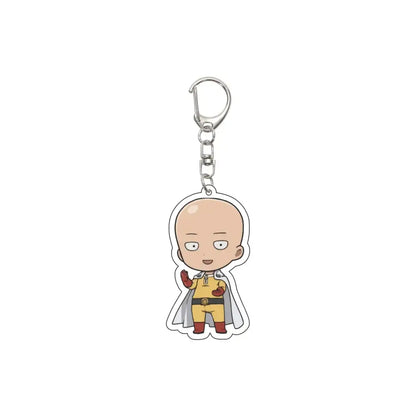 One punch man saitama acrylic keychain 55mm plate featuring chibi punch man in yellow suit with cape and red gloves
