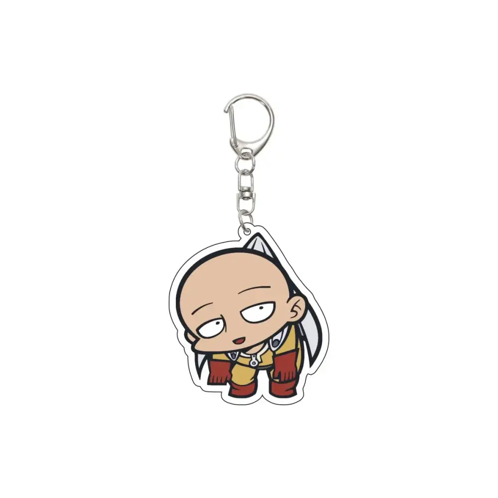 Chibi saitama punch man acrylic keychain with silver metal clasp and chain 55mm plate collectible accessory