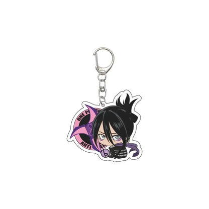 One punch man saitama acrylic keychain with black hair purple accents silver metal clip 55mm plate design