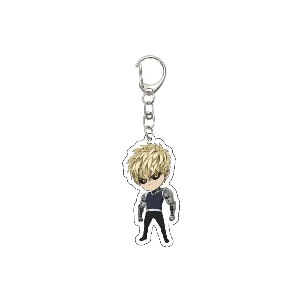 A translucent acrylic one punch man saitama keychain with chibi design on a 55mm plate in dark blue and black colors
