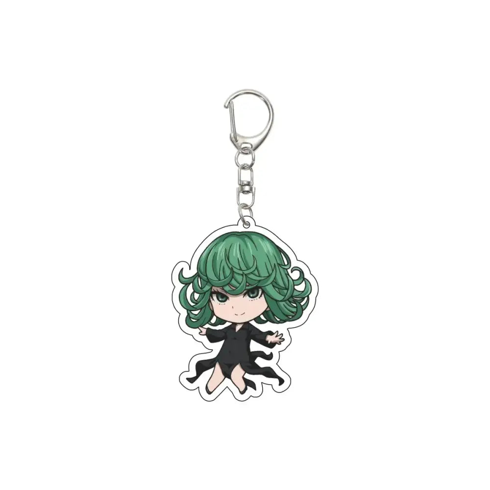 Green-haired anime character keychain with black outfit and silver clip featuring 55mm plate punch man saitama design