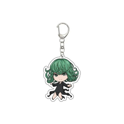 Green-haired anime character keychain with black outfit and silver clip featuring 55mm plate punch man saitama design