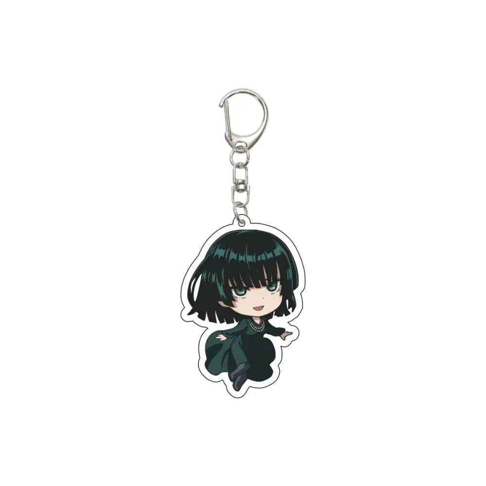 Chibi-style punch man saitama acrylic keychain with short black hair and green outfit on 55mm plate material