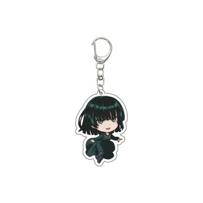 Chibi-style punch man saitama acrylic keychain with short black hair and green outfit on 55mm plate material