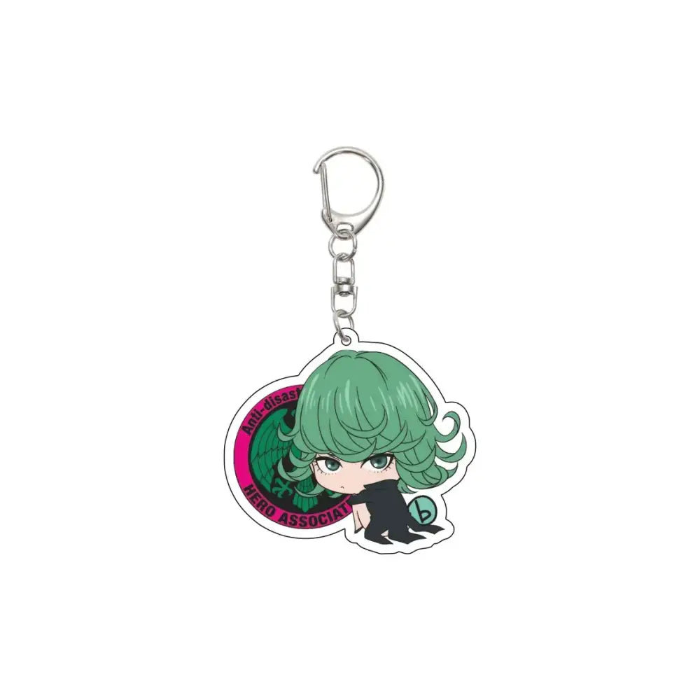 Green-haired anime character keychain with silver metal clip and chain featuring punch man saitama 55mm plate acrylic design