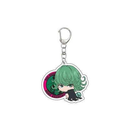 Green-haired anime character keychain with silver metal clip and chain featuring punch man saitama 55mm plate acrylic design