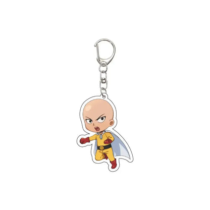 Yellow and red punch man saitama acrylic keychain with chibi character and white cape on 55mm plate
