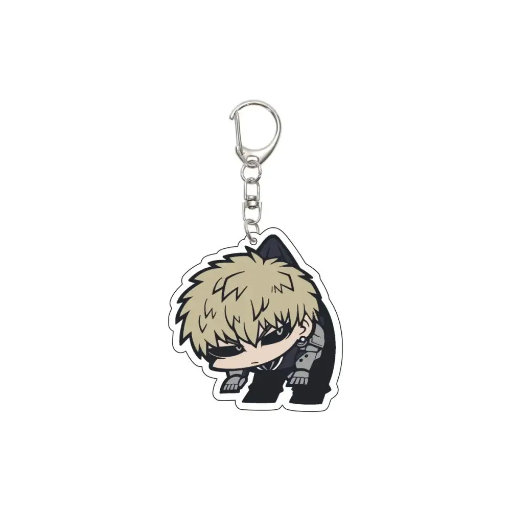 Chibi-style punch man saitama acrylic keychain with spiky blonde hair and black mask on a 55mm plate
