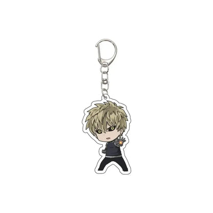 Translucent acrylic keychain featuring chibi punch man saitama with spiky blonde hair and glowing yellow eyes 55mm plate