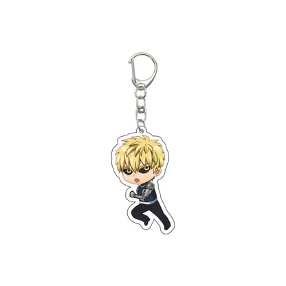 Translucent acrylic punch man saitama keychain featuring chibi character with spiky blonde hair on 55mm plate