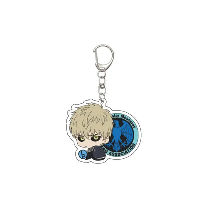Chibi punch man saitama acrylic keychain with blonde hair green eyes holding blue orb on 55mm plate emblem