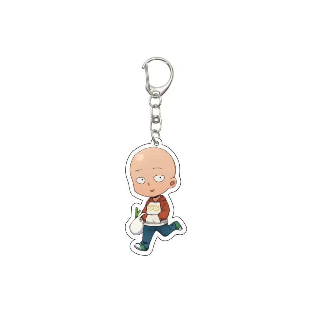 A clear acrylic one punch man saitama keychain with 55mm plate featuring cartoon character in orange hoodie holding vegetables