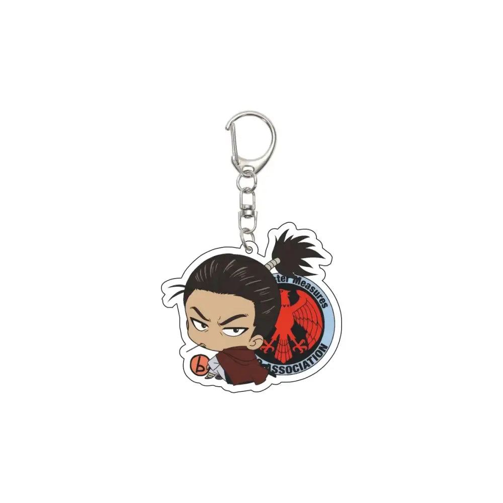 Chibi style acrylic One Punch Man saitama keychain with dark hair red cloak holding basketball on 55mm plate