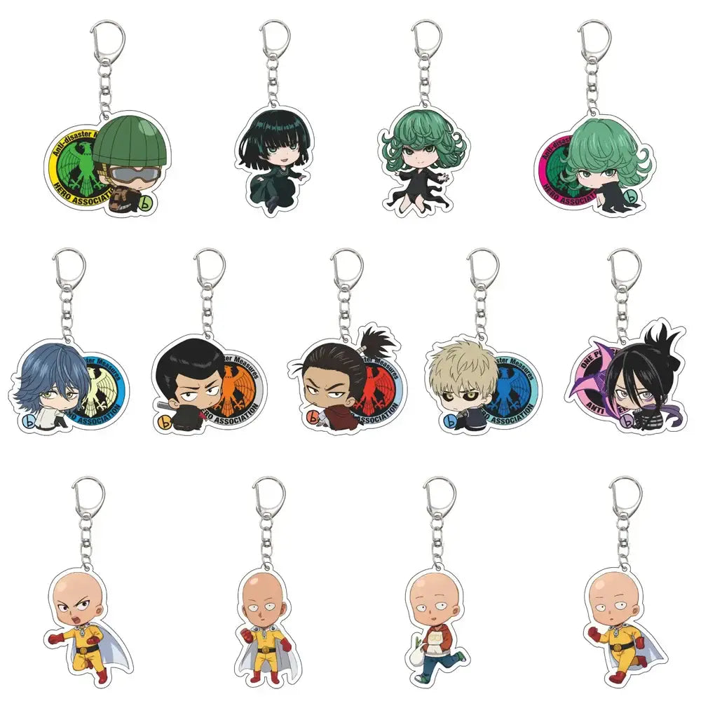 Set of ten punch man saitama acrylic keychains featuring colorful chibi designs with 55mm plate and silver chains