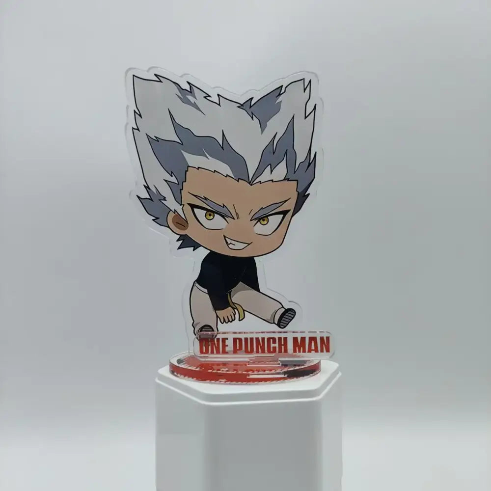 Chibi style saitama acrylic stand featuring spiky silver hair on a clear base with one punch man logo in red