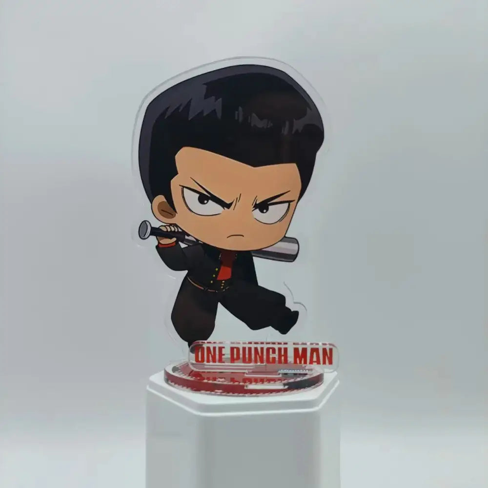 Chibi-style saitama acrylic stand in dynamic pose holding baseball bat with one punch man title on 10cm double-sided acrylic stand