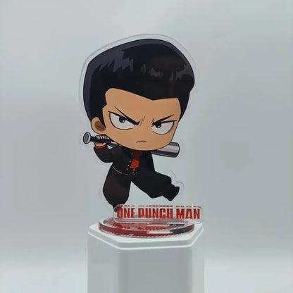 Chibi-style saitama acrylic stand in dynamic pose holding baseball bat with one punch man title on 10cm double-sided acrylic stand
