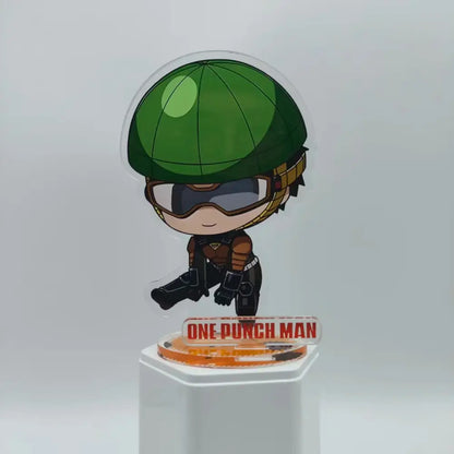 Green helmeted chibi character one punch man saitama acrylic stand on transparent base with red show title print