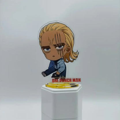 Chibi style saitama acrylic stand with blonde hair and blue jacket one punch man 10cm double sided acrylic stand