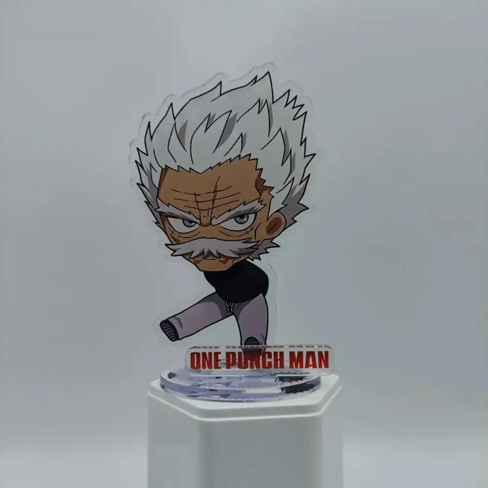 Clear acrylic stand featuring a chibi saitama with spiky white hair and angry expression one punch man 10cm double-sided