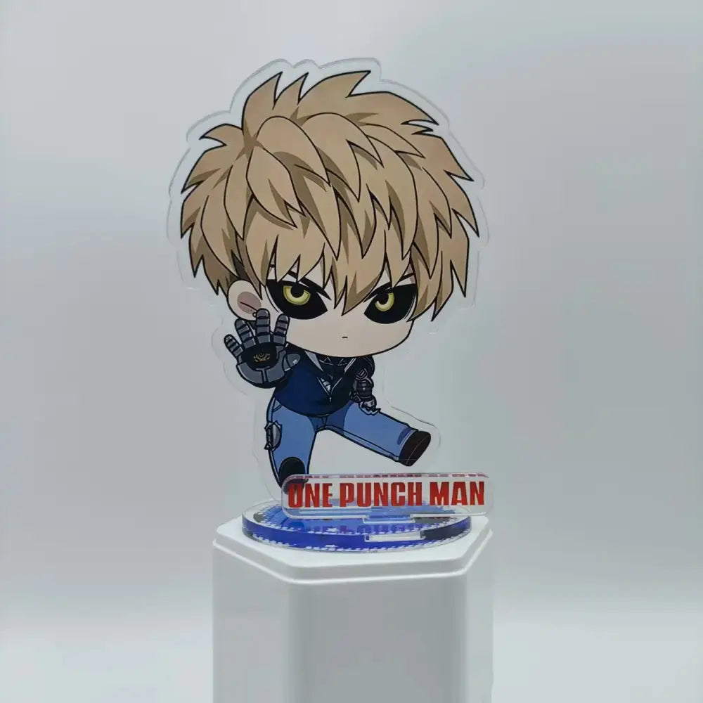 Chibi style one punch man saitama acrylic stand 10cm with spiky blonde hair blue jacket and jeans on acrylic base