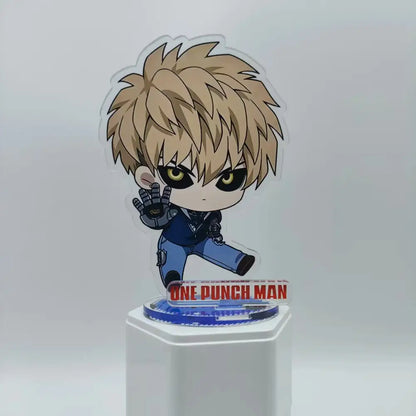 Chibi style one punch man saitama acrylic stand 10cm with spiky blonde hair blue jacket and jeans on acrylic base