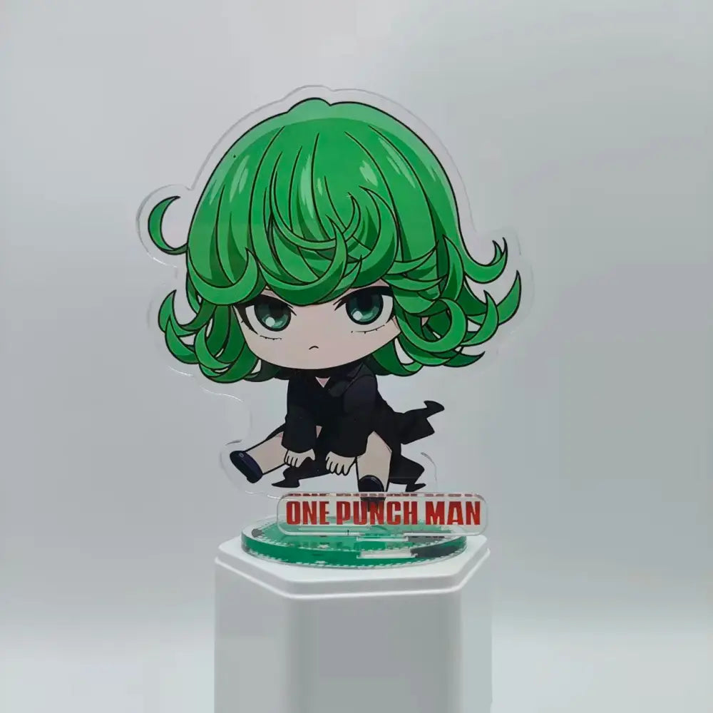 Green-haired chibi saitama acrylic stand in black outfit double-sided acrylic stand featuring one punch man branding