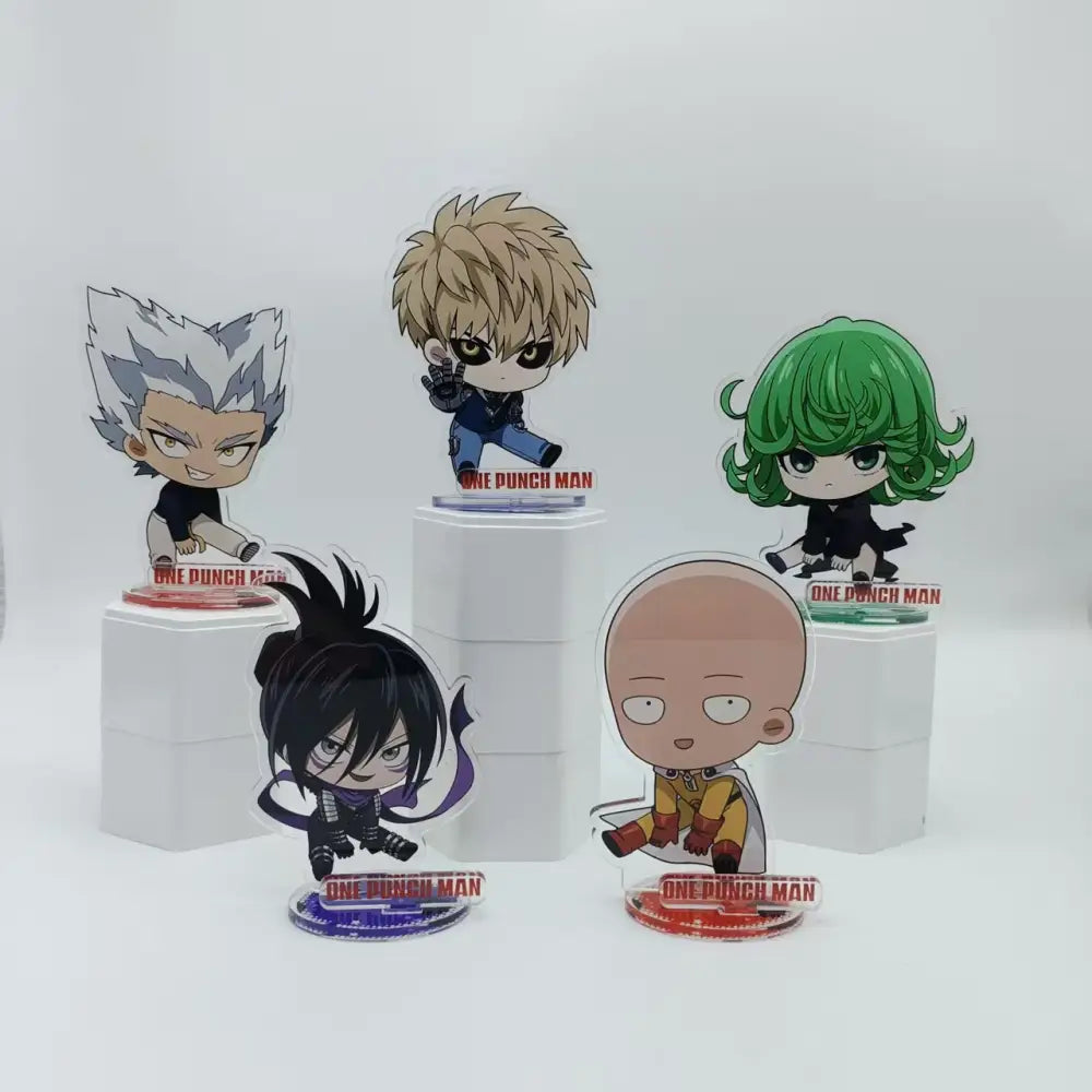 Chibi style saitama acrylic stand with colorful bases and printed logos double sided 10cm saitama acrylic stand