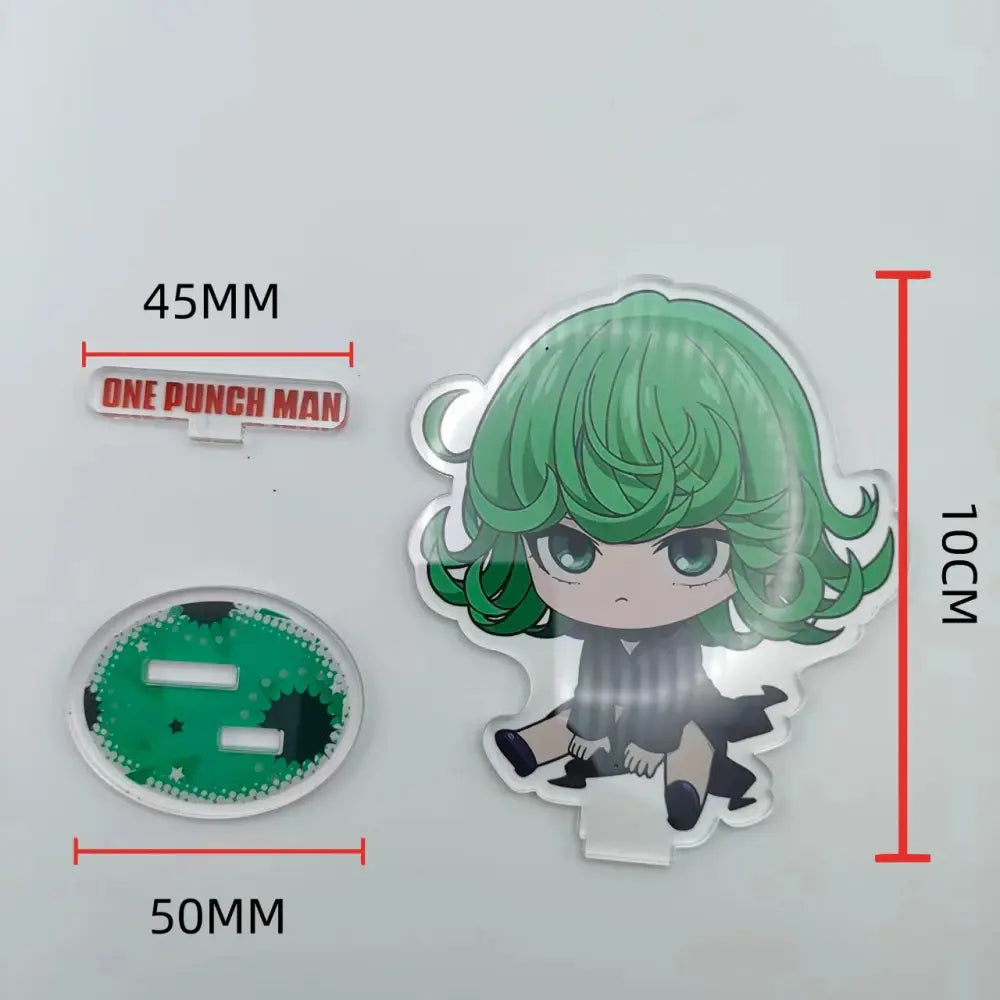 Green-haired chibi saitama acrylic stand with black outfit and white trim 10cm double-sided acrylic stand