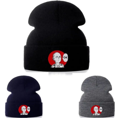 Black cotton knit beanie with embroidered punch man saitama design featuring red circle and ok text