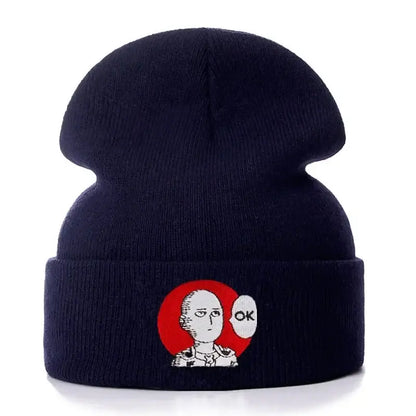 Dark navy cotton knit one punch man saitama beanie with embroidered red circular background and ok speech bubble
